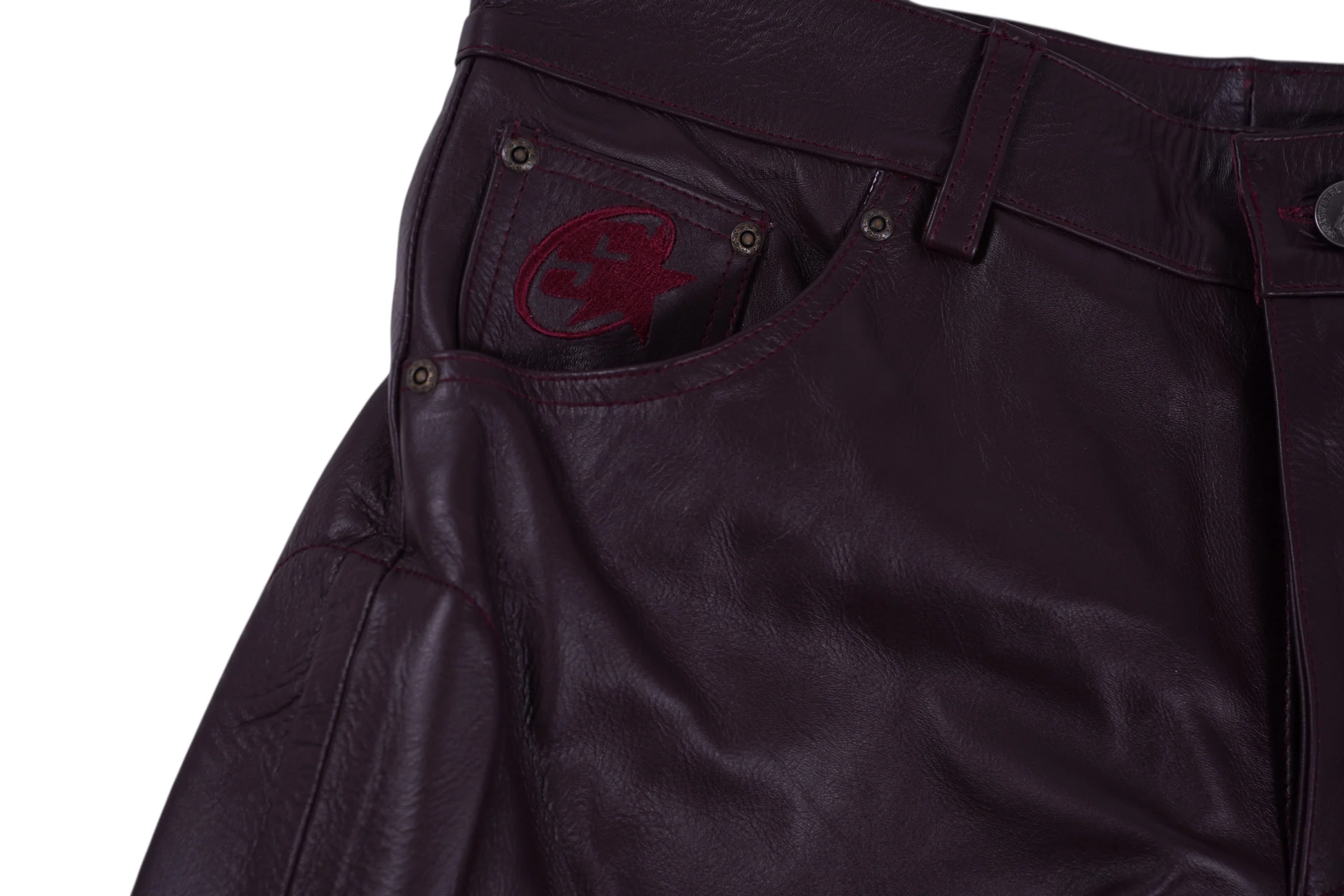 LEATHER MOTO PADDED PANTS (BURGUNDY) - Image 5